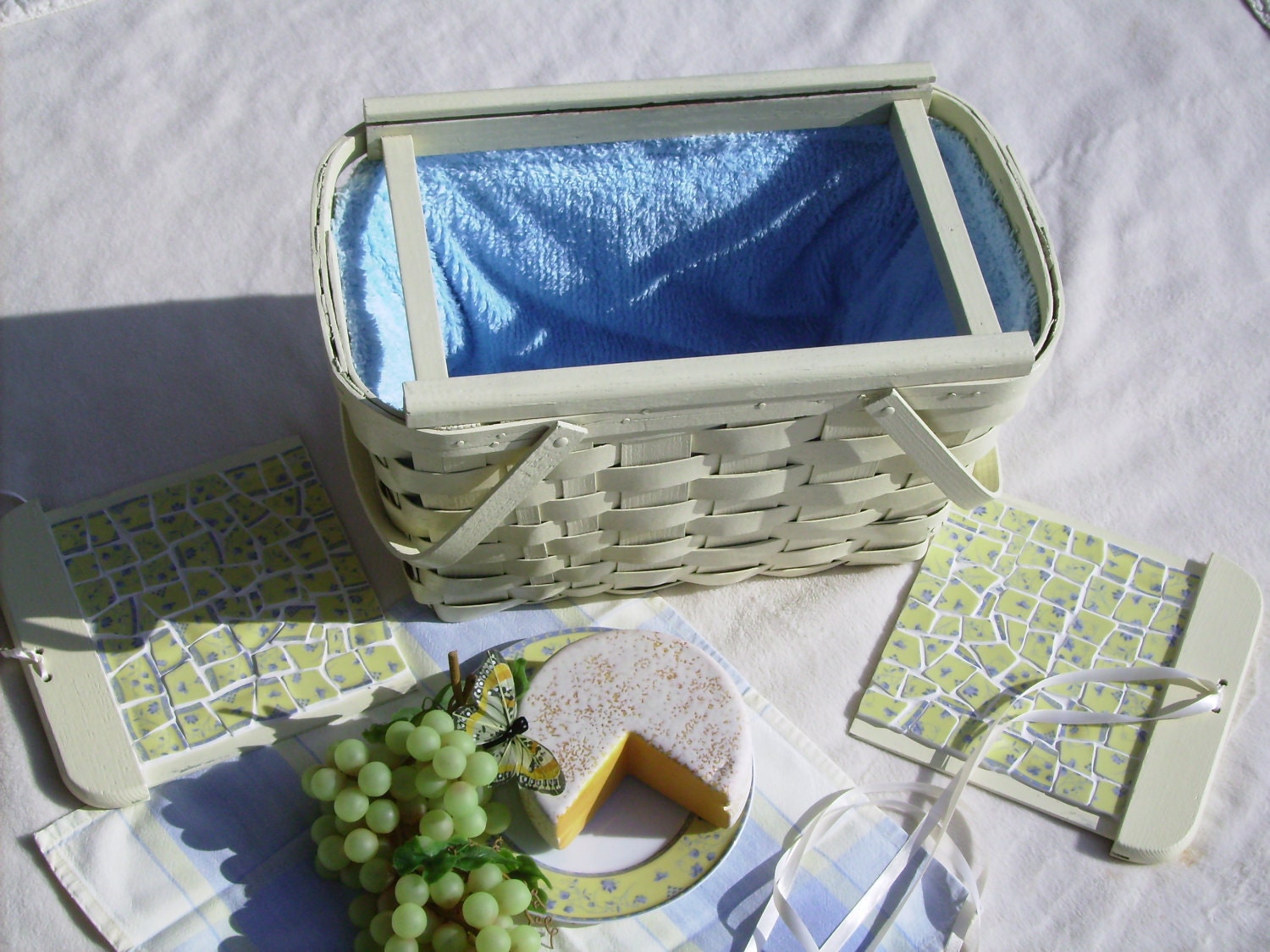 Vintage Picnic Basket with Blue and Yellow Antique China Mosaics