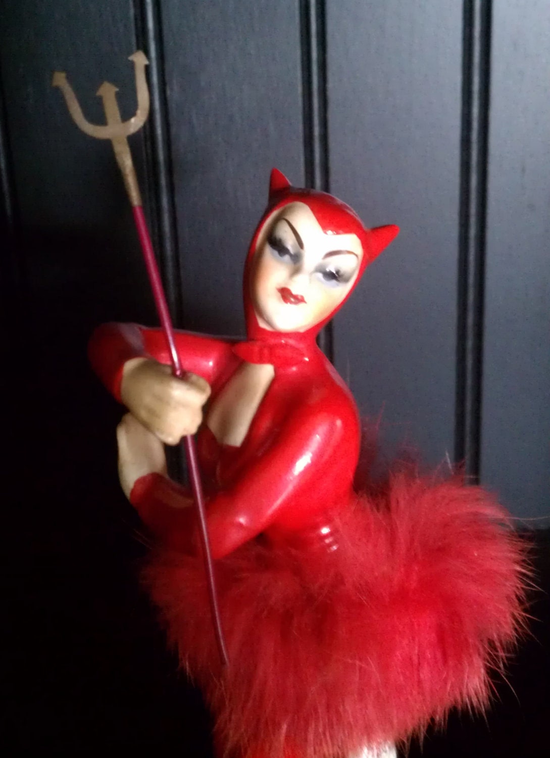 HARD TO FIND Vintage Halloween Devil Pin Up Style Woman/Lady Ballerina/Dancer with Red Tutu Holding Pitch Fork
