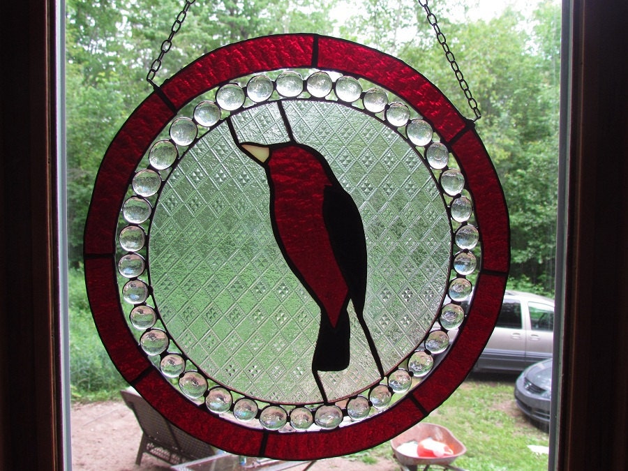Stained Glass Panel, Scarlet Tanager, 12 inches diameter, Ruby Red Glass, Glass Beads, TREASURY ITEM