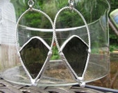Stained Glass Earrings, Olive Green Cathedral Glass, Decorative Wire, Day or Evening Wear