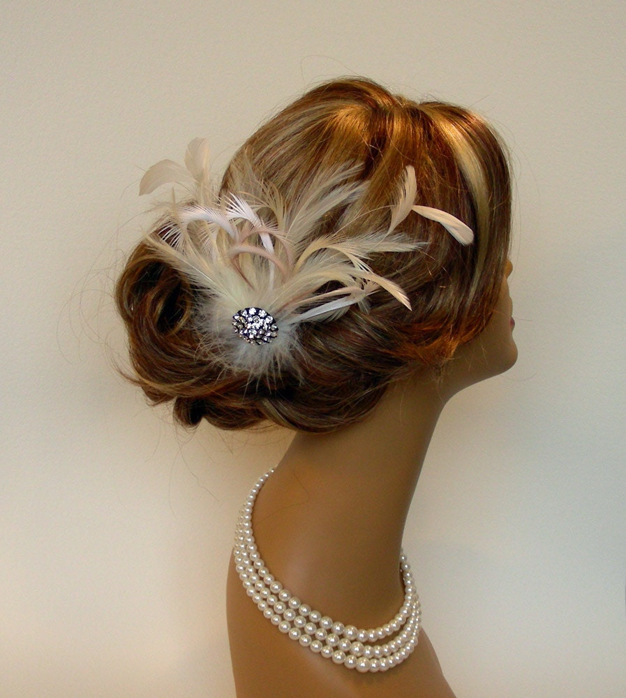 Ivory Bridal Feather Fascinator, bridal headpiece GENEVIEVE - rhinestone, bridal hair accessories, head piece, hair clip Cream White