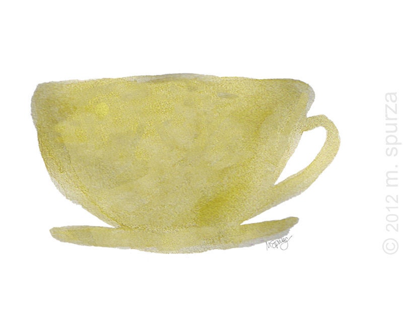 Green Tea Watercolor Kitchen Art Print Watercolor Painting 8x10 Teacup Kitchen Cafe Zen Yellow Contemporary Coffee Cup Gold