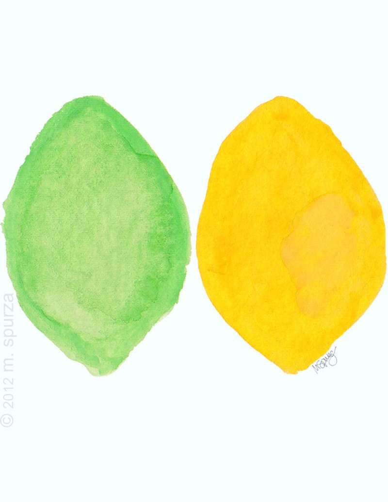 Lemon and Lime Kitchen Art  Watercolor Painting:  8x10 Citrus Food  Still Life Margarita Culinary Yellow Green