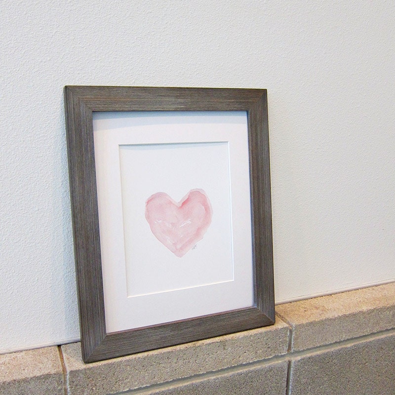 Pink Heart Art Watercolor Painting 8x10 Contemporary Love Inspirational Shabby Chic Style Cottage Style