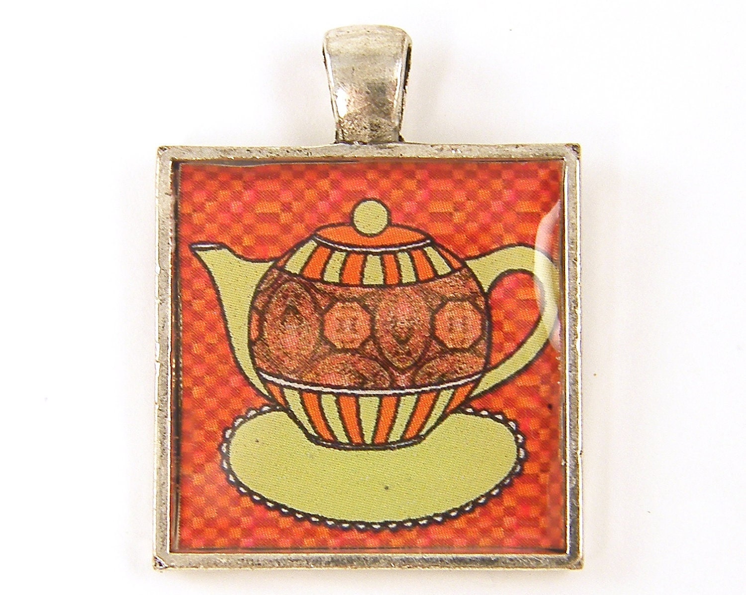 Tea Pot Charm - Orange Green Silver Teapot Pendant