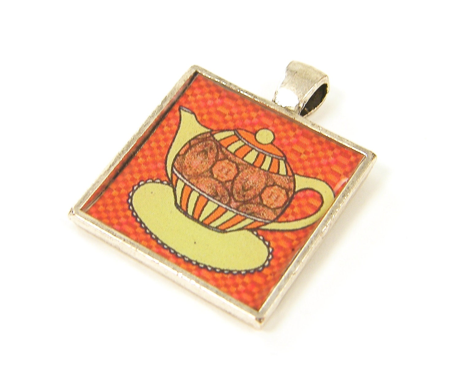 Tea Pot Charm - Orange Green Silver Teapot Pendant