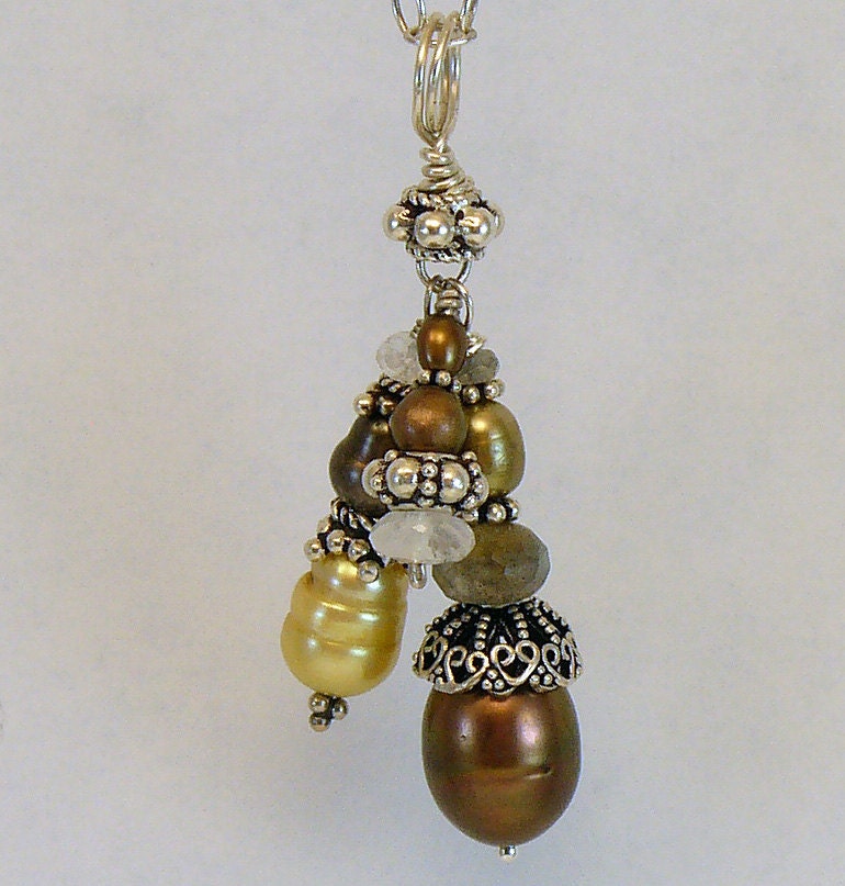 Freshwater Pearls and Sterling Silver Pendant Necklace with Labradorite and Rainbow Moonstone