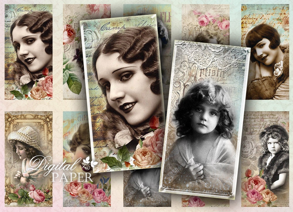 Vintage French Women - domino image - digital collage sheet - 1 x 2 inch - Printable Download