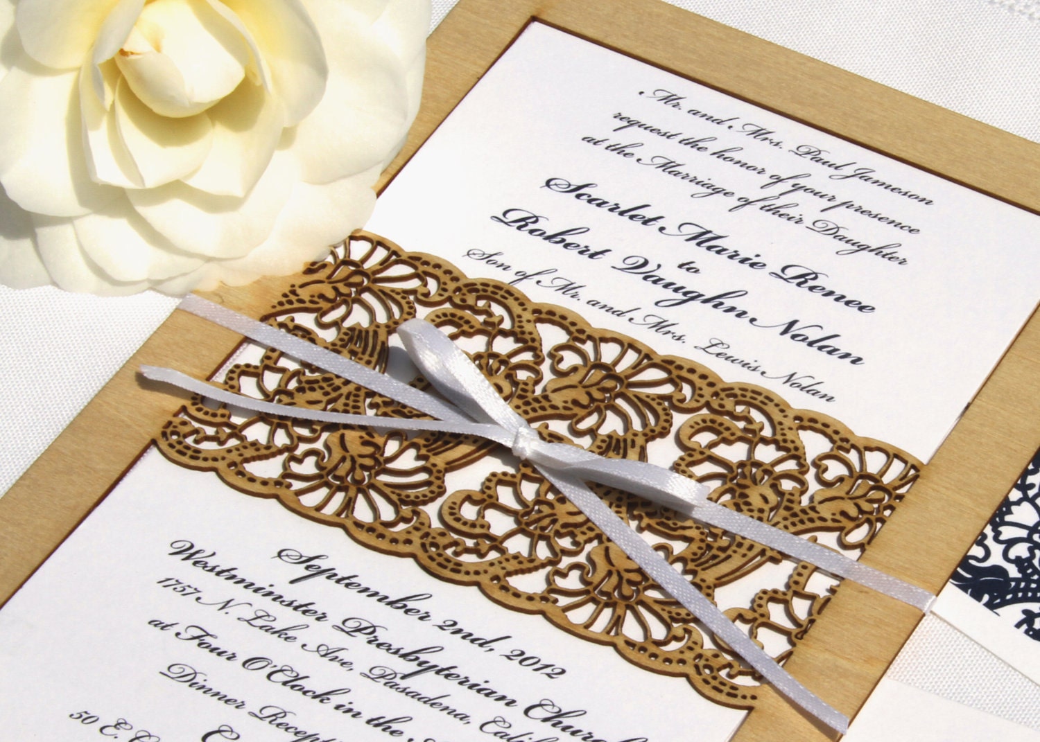 Blue Lace Wedding Invitation and Response Card made from Wood and Paper - DEPOSIT LISTING