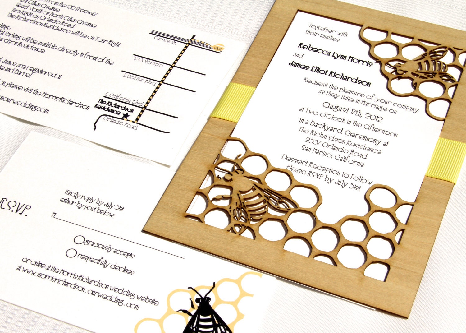 Honey Bee Garden Wedding Invitation and Response Card made from Wood and Paper - DEPOSIT LISTING