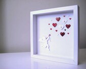 Personalized Wedding Gift - 3D Paper Work - OOAK - Love Angel Eros Cupid and Hearts - Red and White Hearts with Black or White Framed