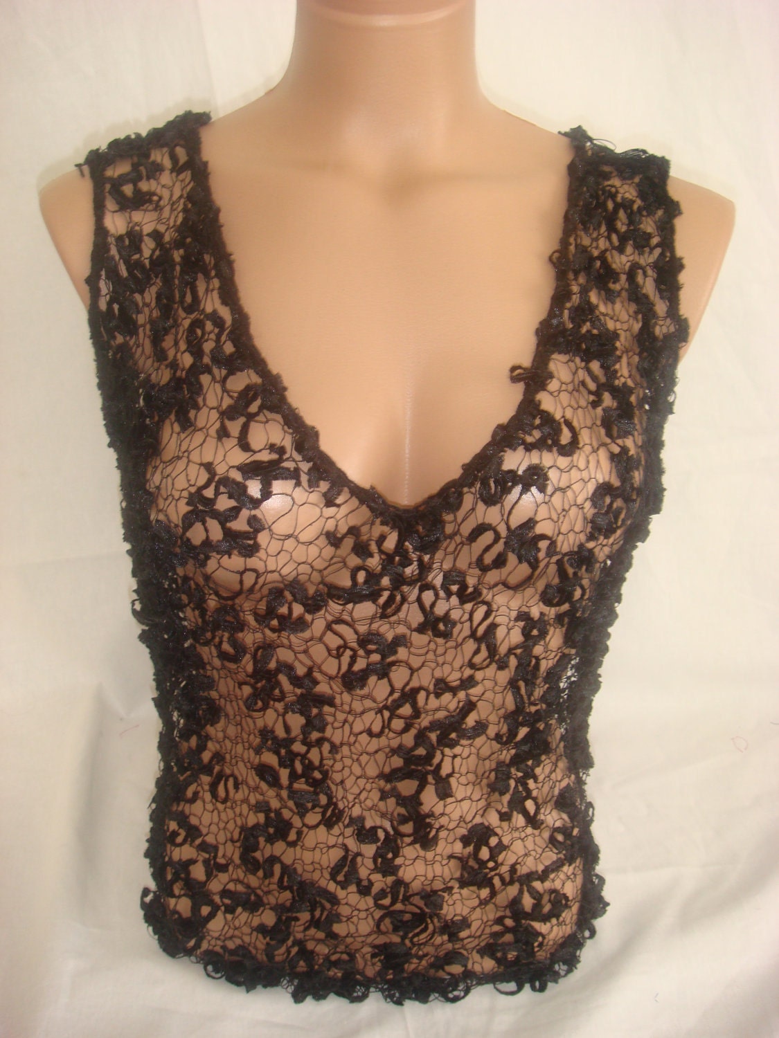 Hand knitted black transparent low back blouse for spring&summer