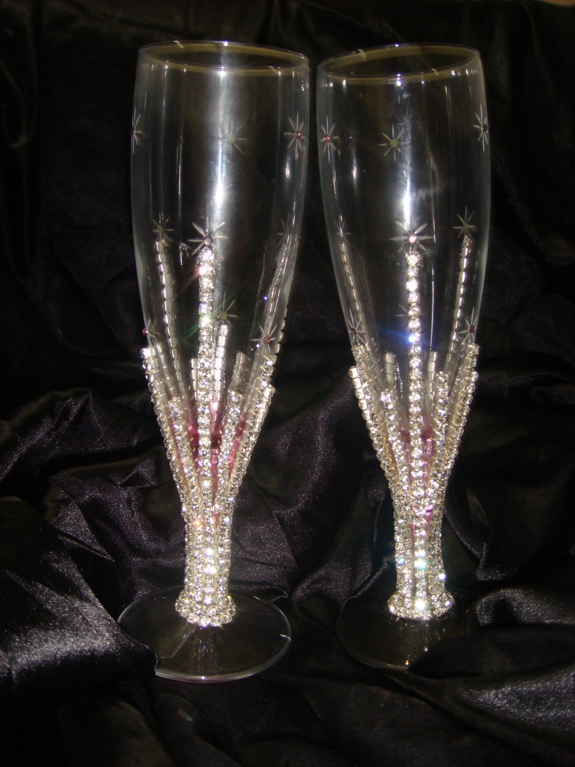 Custom designed handmade pair of champagne glasses with Czech rhinestones.