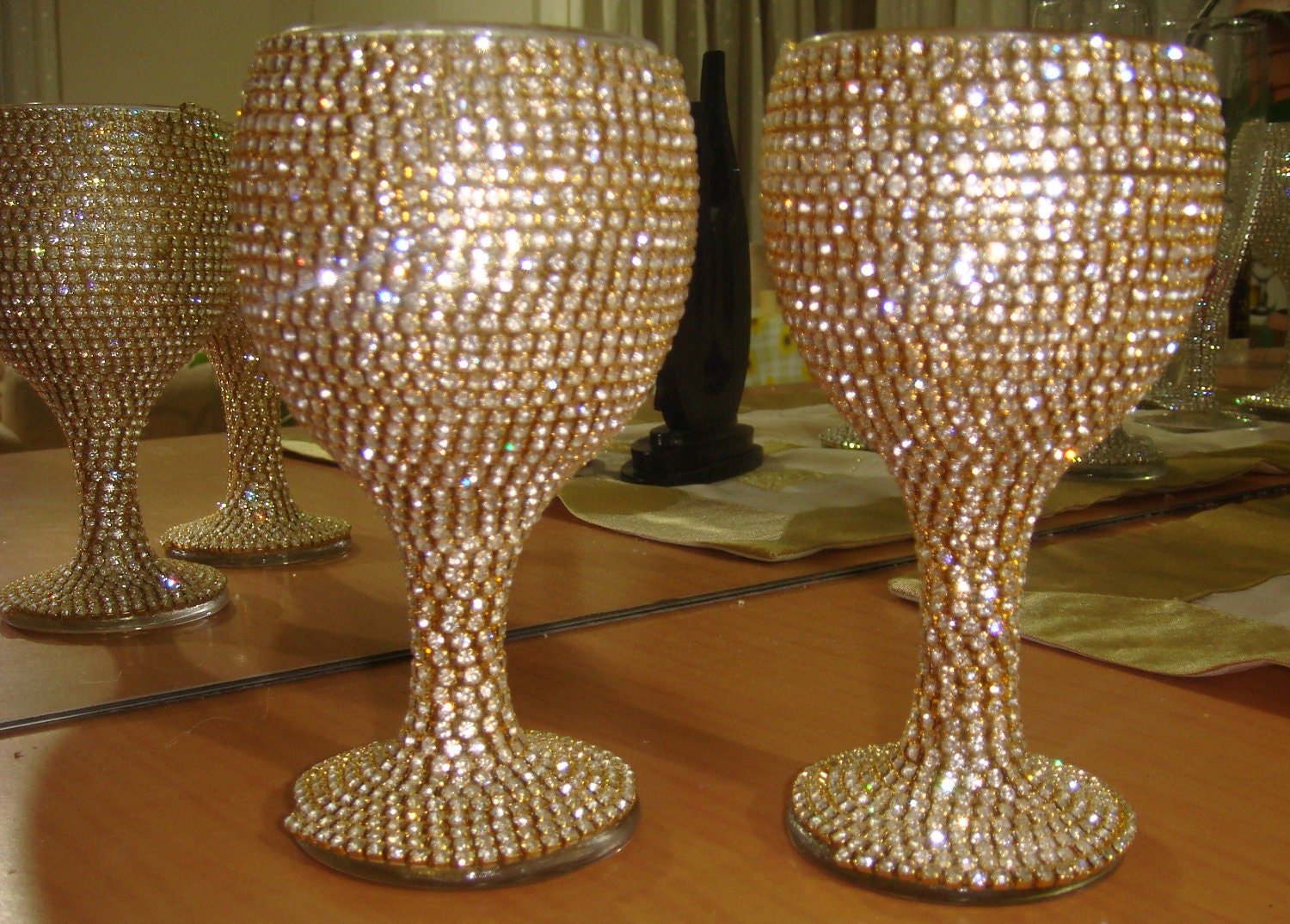 Custom designed handmade pair of golden wine glasses with Czech rhinestones