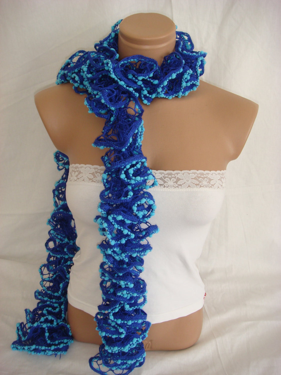 Hand knitted Dark Blue&Turquoise Blue Ruffled scarf by Arzus