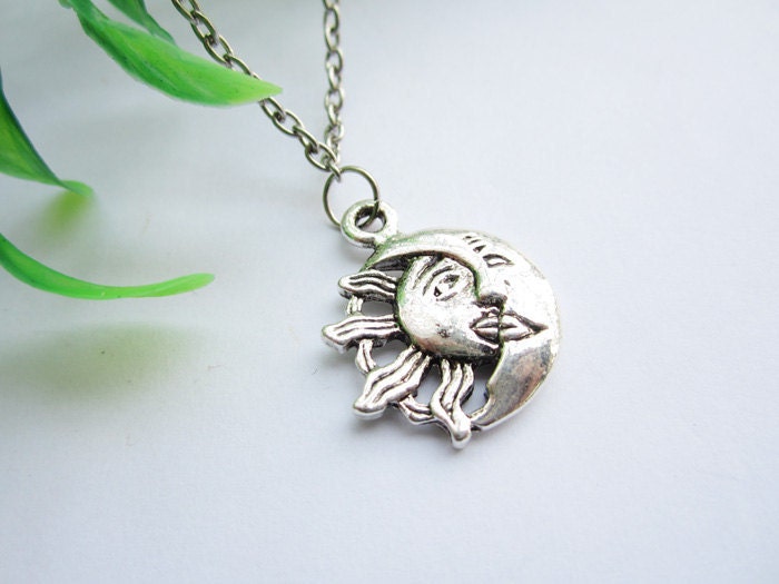 love necklace--Sun moon necklace, Sun and moon love pendant ,antique silver  necklace,alloy chain