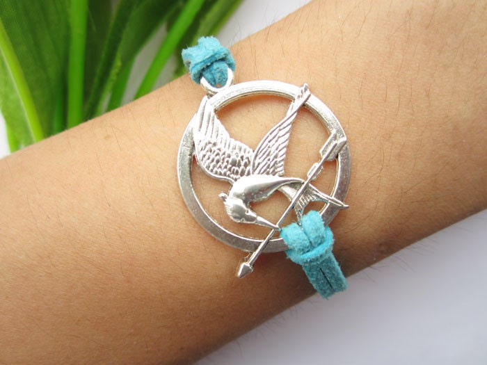 hunger game bracelet-- Mockingjay pendant,antique silver charm bracelet,blue leather bracelet, MORE COLOR