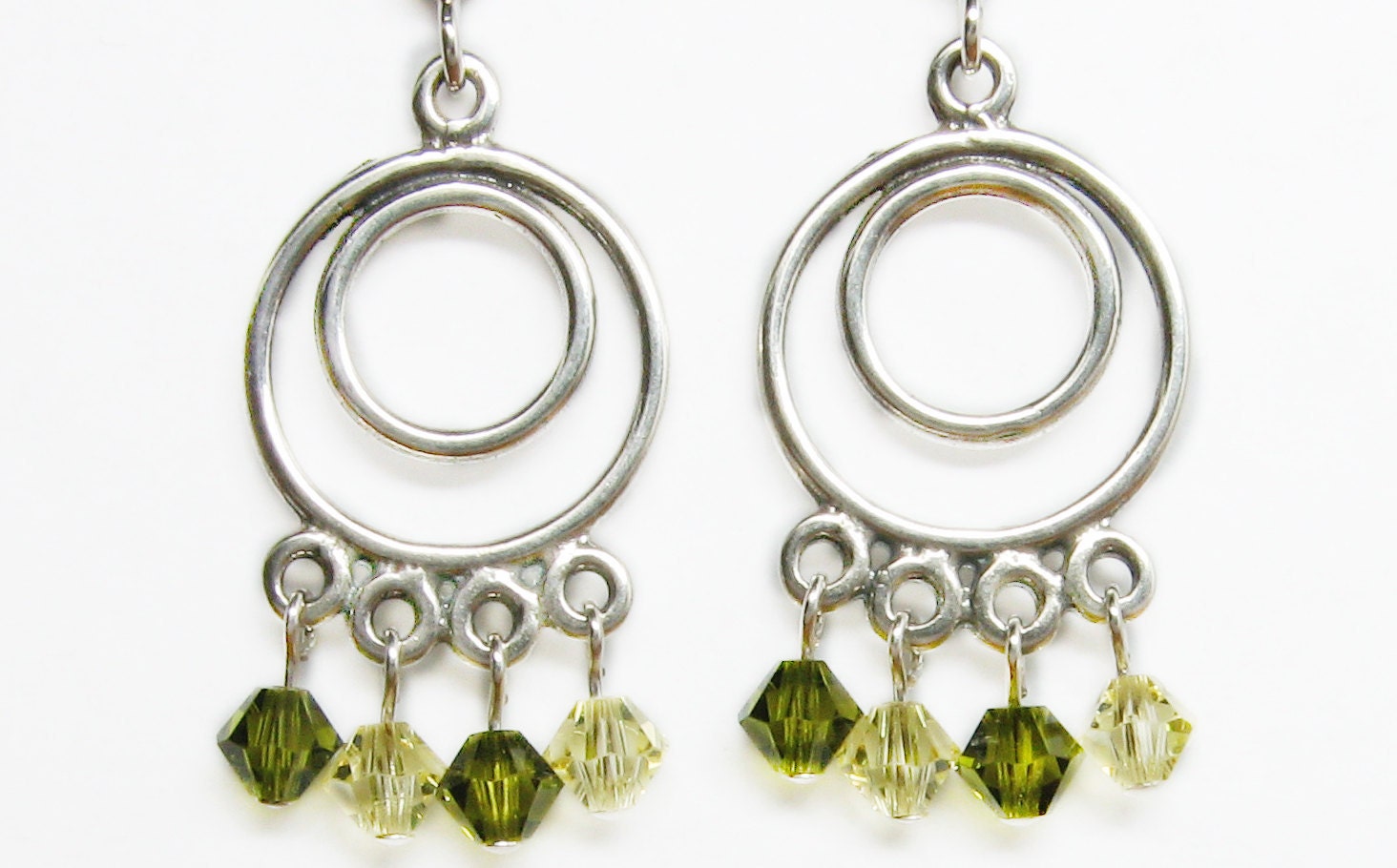 green and yellow Swarovski earrings, sterling silver dangle earrings