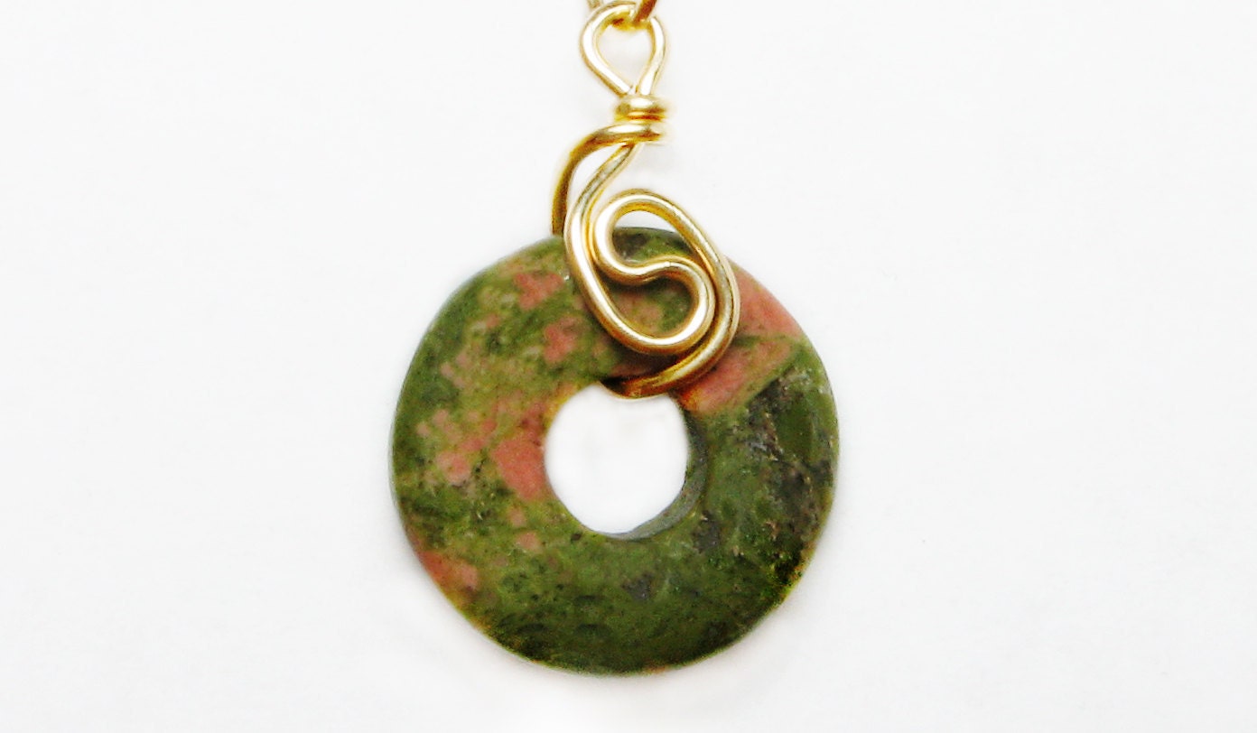green and pink jasper gemstone necklace, wire wrapped pendant and gold filled necklace