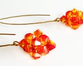 fire opal Swarovski earrings, elongated gold filled ear wires