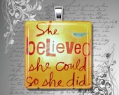 GLASS pendant necklace She Believed She Could So She Did quote vintage orange red 23mm square - petalsofgrace