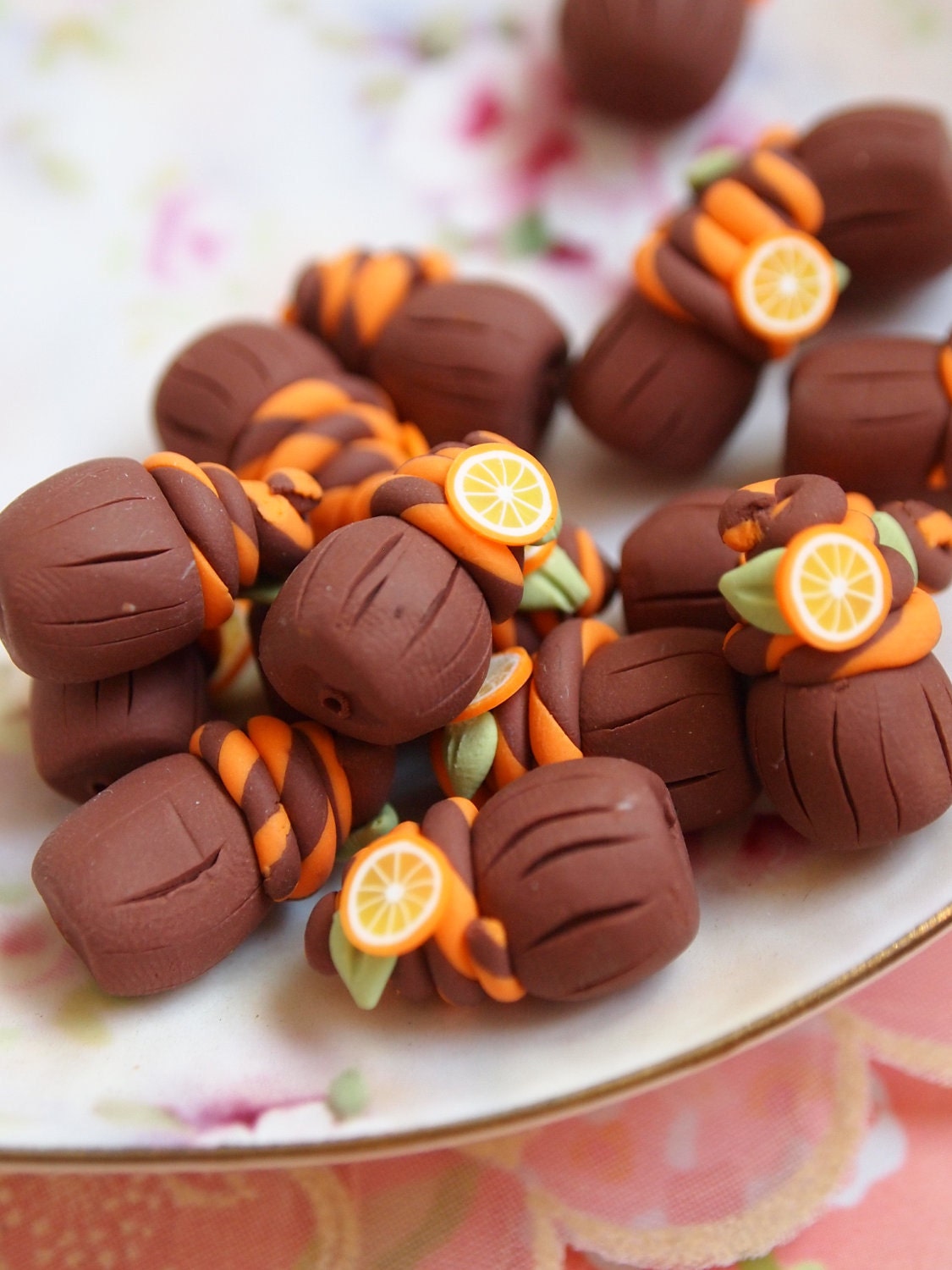 Handmade Cupcake beads, 5pcs Mini Chocolate Orange Cupcakes charms