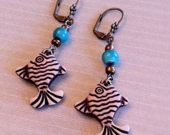 Tropical Fish Earrings with blue-green glass accent bead