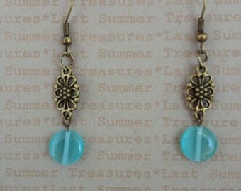 Antique Brass and Blue/Green Glass Bead Earrings