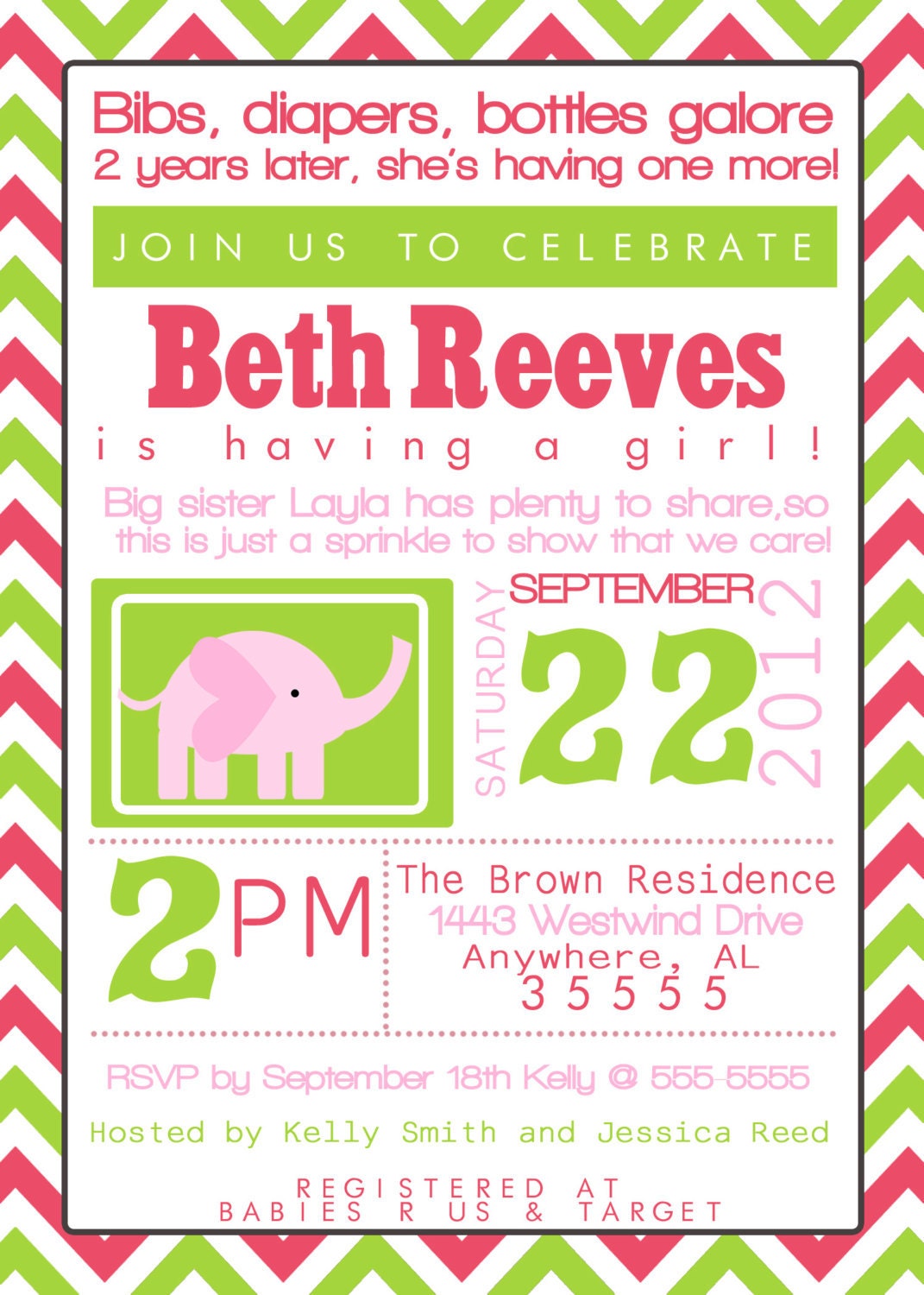 Modern Typography Baby Sprinkle, Shower, Sip and See Invitation/Invite. Pink, Green, Yellow, Purple, Custom you choose colors
