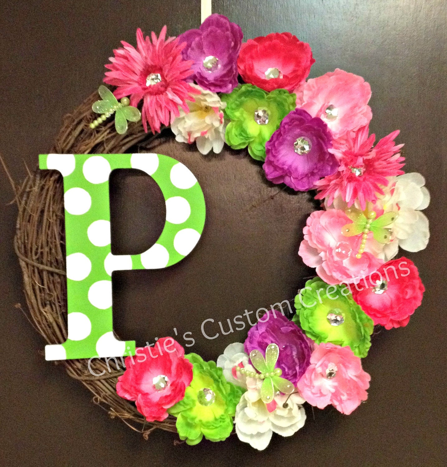 Monogram Initial Wreath - Summer wreath Rhinestone Flowers & dragonflies - 18 " Personalized for you. Simple way to add curb appeal.