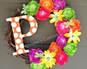 18 " Personalized Monogram Initial Wreath with rhinestone flowers and any color polka dot initial. Great Summer Wreath