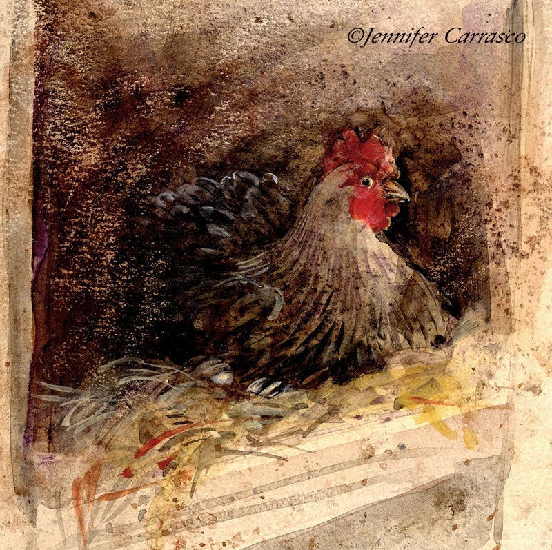 Chickens, Spring Hen on her Nest , Animal Prints, Art for Children, Kitchen Art, Seasons, Vintage inspired, 8x8", Farm paintings, Nature