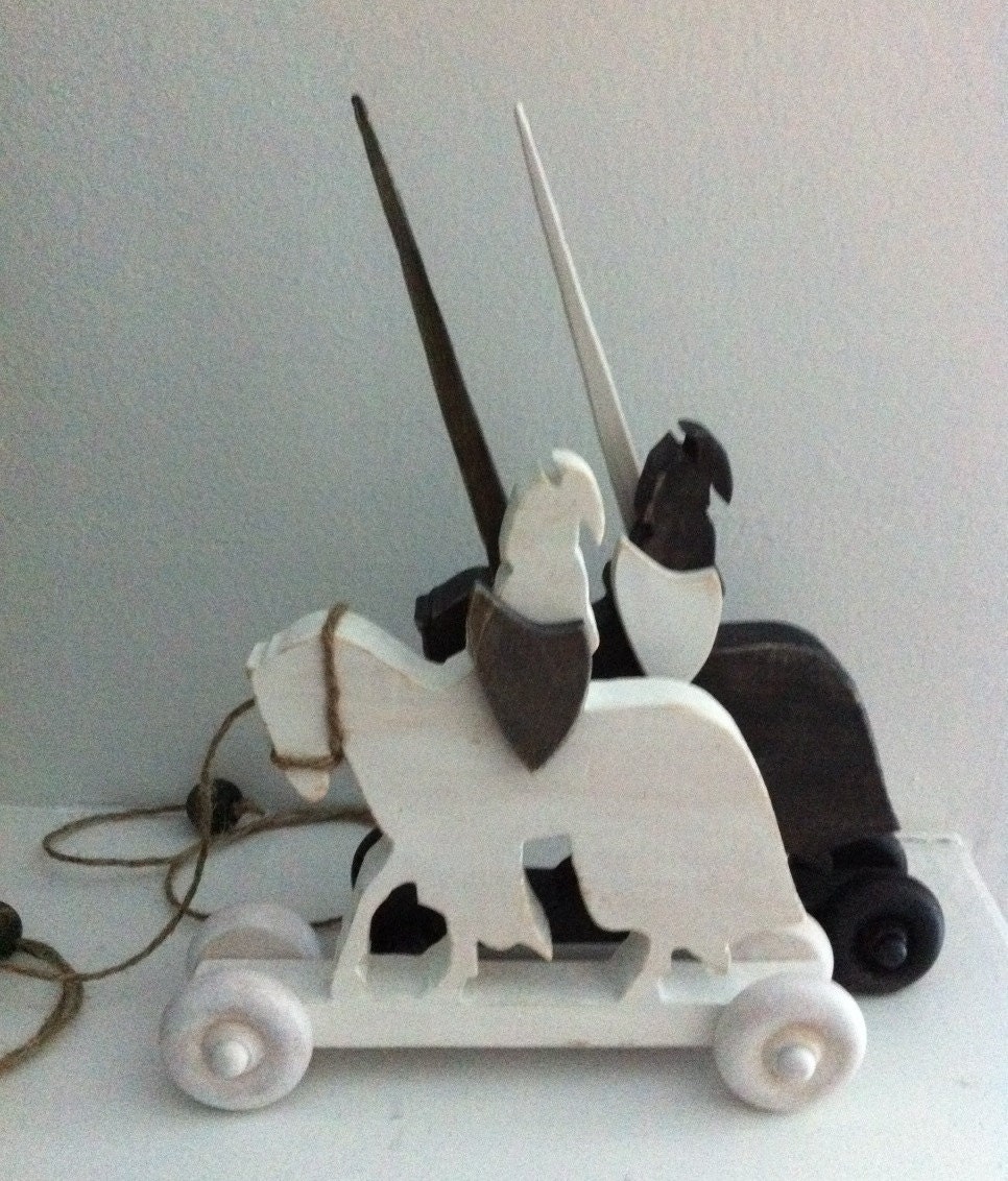 Pair of Black and White Knights on Horse Pull Toys - knight toys