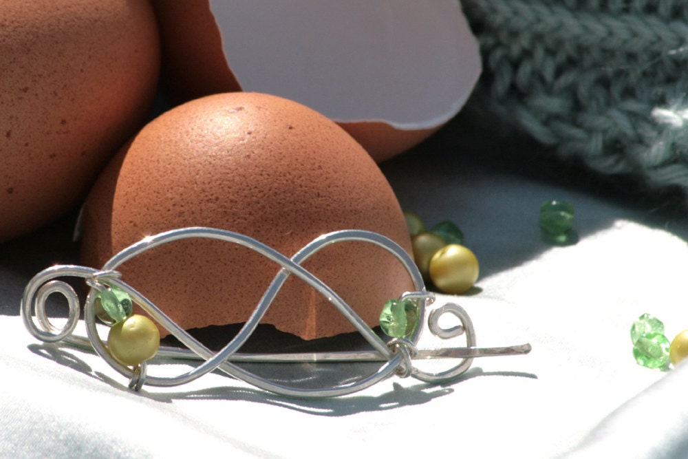 Handmade Silver Wire Shawl Pin - Fibula Style Celtic Knot with Spring Green Beads, Fresh and Bright for the Season