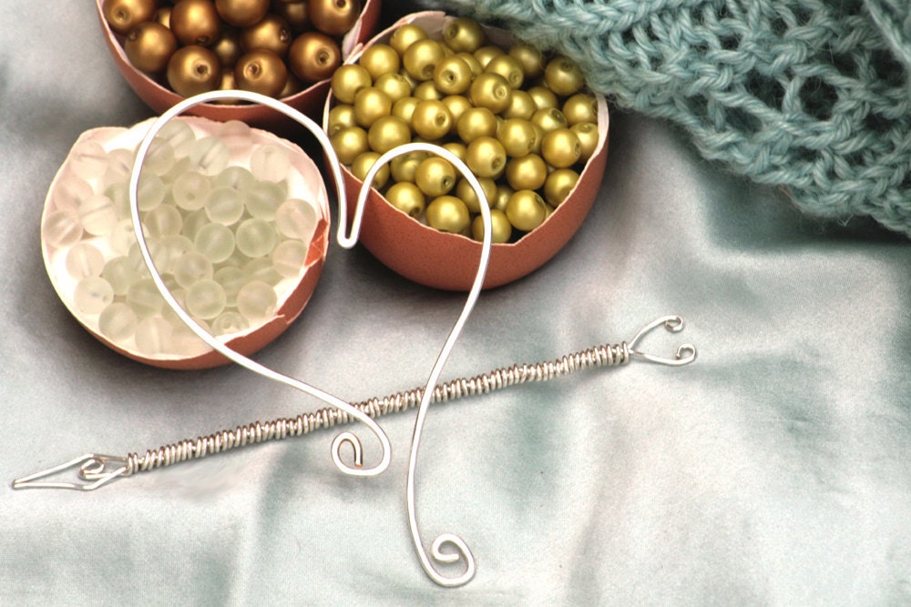 Handmade Sterling Silver Wire Shawl Pin - Two Piece Ring Style Heart with Whimsical Wire-Wrapped Arrow