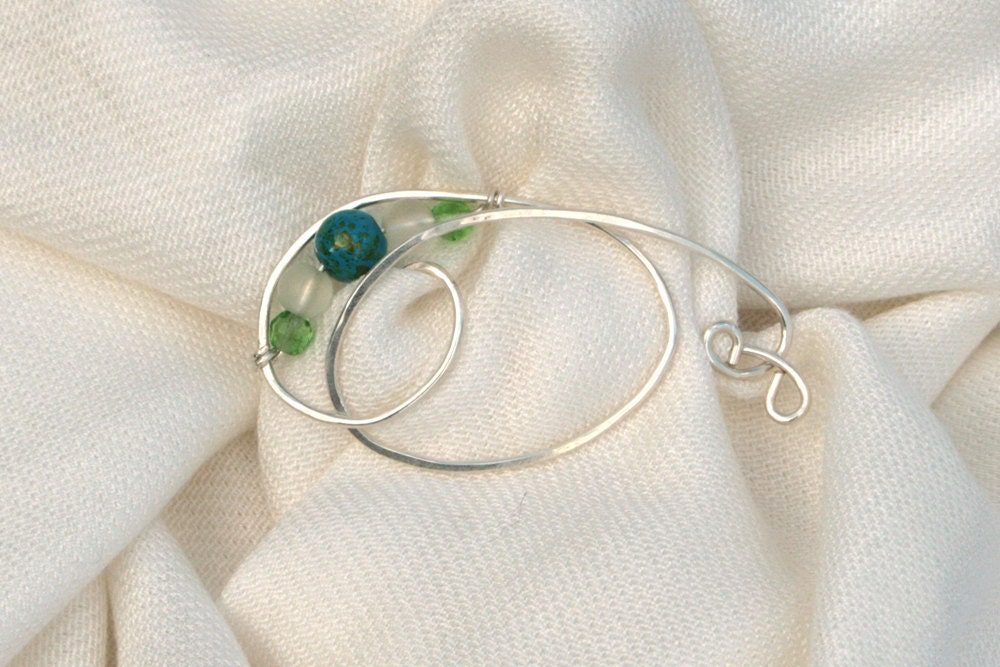 Sterling Silver Handmade Beaded Shawl Pin - Fibula Style with Earth Inspired Beaded Accents