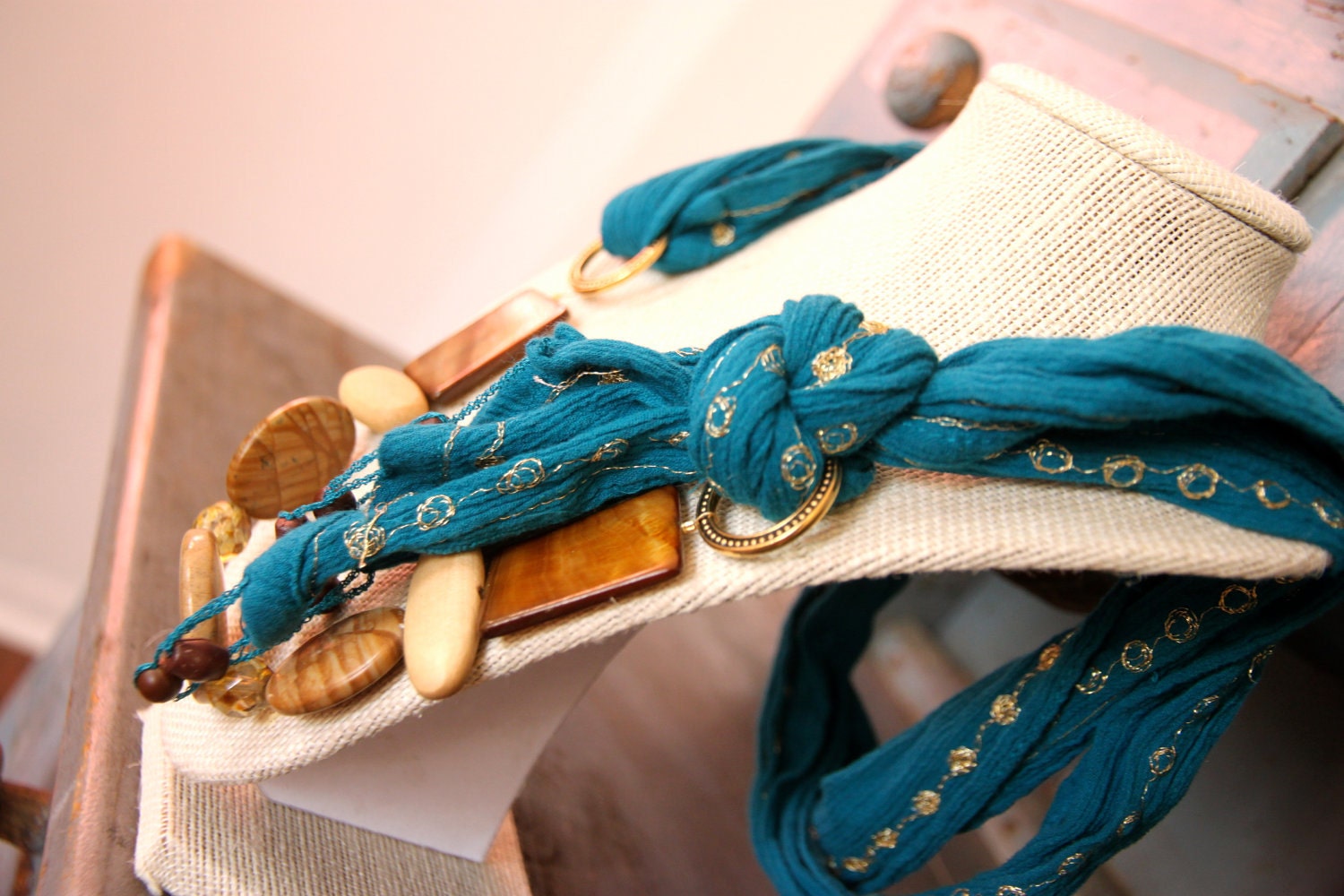 Brown and turquoise upcycled scarf necklace featured in Jewelry Affaire Magazine