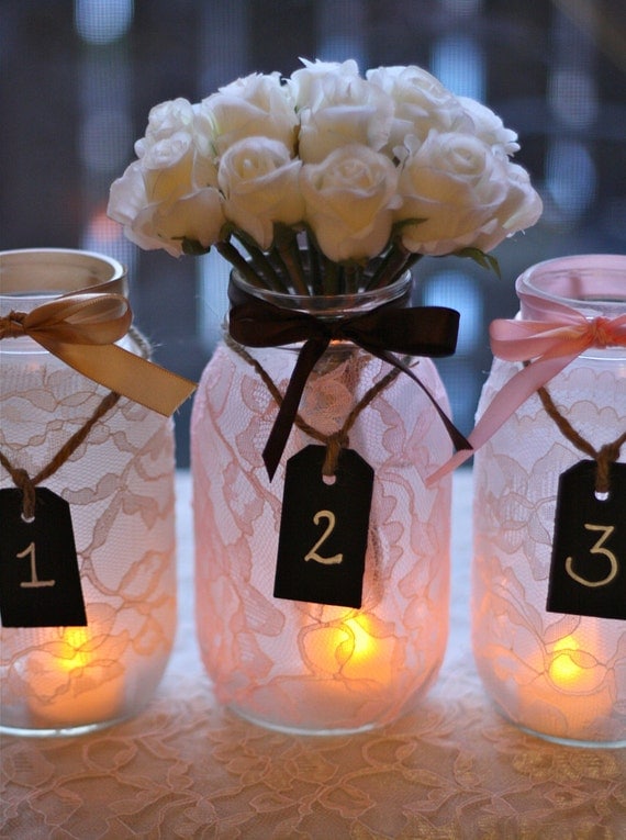 Set of 10 Lace Mason Jars with chalkboard tags - wedding table numbers, shower table numbers, rustic charm