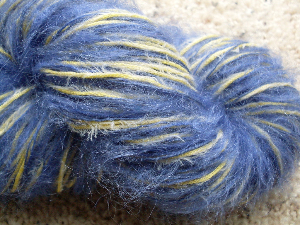 Blue Sunshine Art Yarn 1 Skein Hand Twisted 3 Yarns in One Blue Yellow