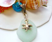 Beach Glass Necklace, Seaglass Necklace, Starfish Necklace, Sea Glass Necklace, Seafoam Green Necklace