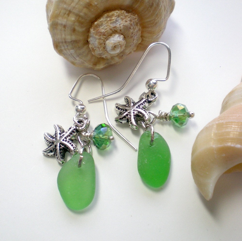 Sea Glass Earrings, Beach Glass Earrings, Green Beach Glass Earrings, Starfish Earrings, Seaglass Jewelry
