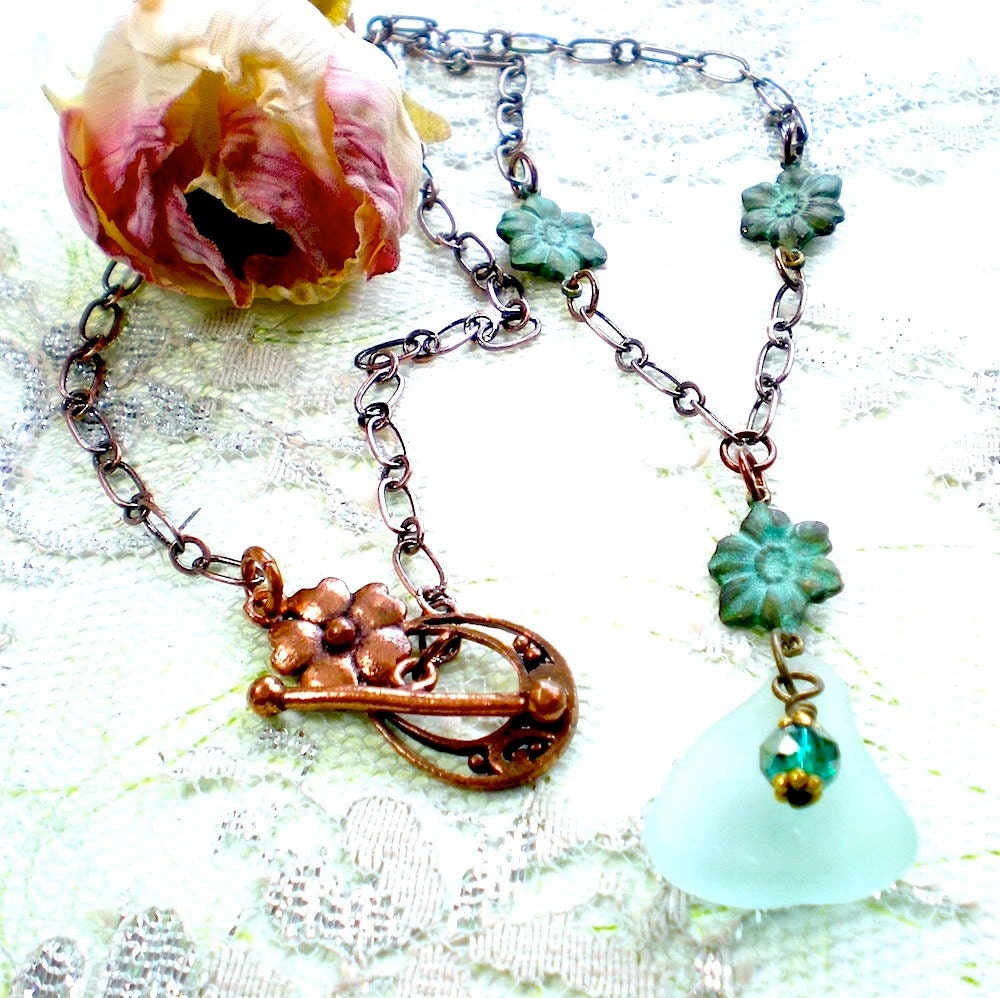 Sea Glass Charm Verdigris Patina Necklace
