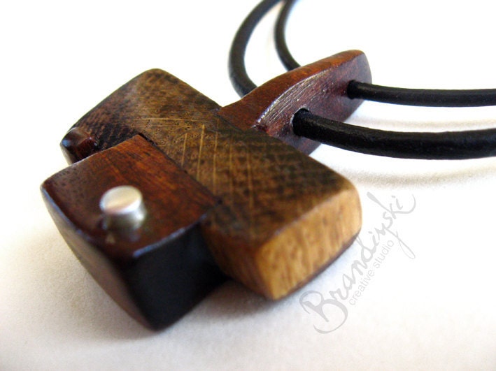 WOODEN TALISMAN- Original Designed Wooden Necklace - oak and mahagony wood with aluminum, with leather cord