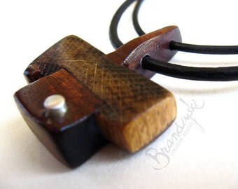 WOODEN TALISMAN- Original Designed Wooden Necklace - oak and mahagony wood with aluminum, with leather cord