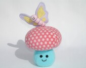 Plushie mushroom toy with stuffed butterfly buddy in girly pink dot fleece