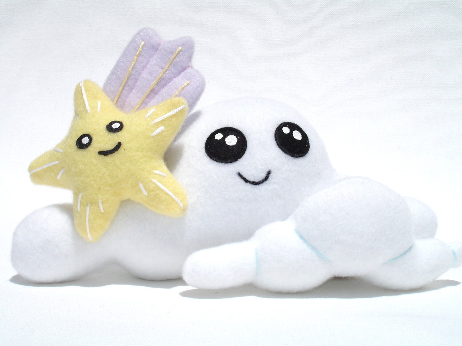 Stuffed cloud toy with shooting star friend made with white, yellow, and lavendar fleece - mamamayberrys