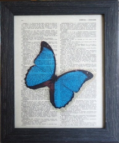 Butterfly print on an vintage french dictionary blue butterfly mixed media butterfly print for your wall decor (10)