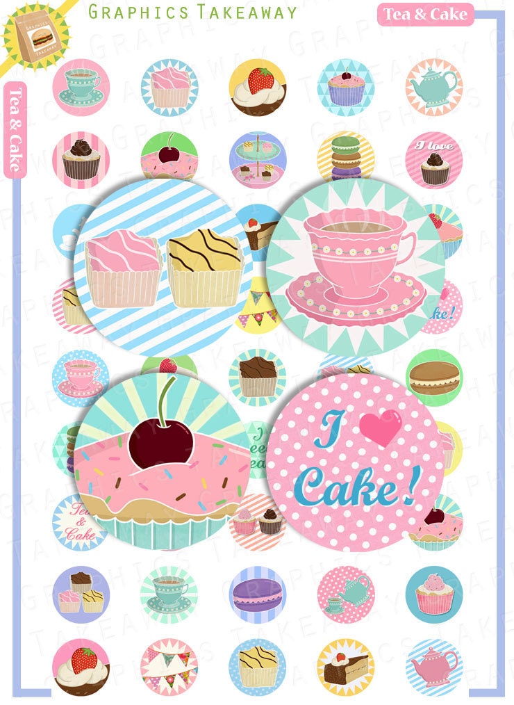 Tea & Cake 1 inch Circles, digital collage sheet for bottle caps, badges, stickers (Commercial use license)