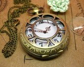 Antique pocket watch jewelry necklace pendant bronze trumpet petal shape hb15