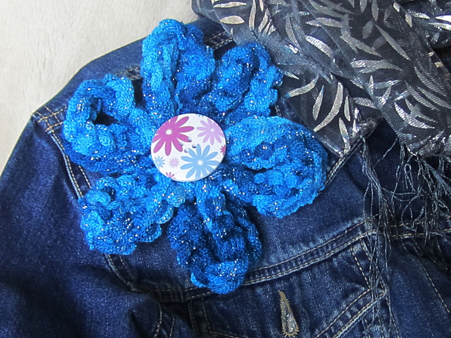 Blue Knitted Corsage, Teal Yarn Flower, knitted Accessory,